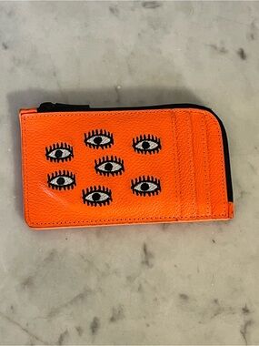 Min & Mon Zip-Around Leather Cardholder All-Over-Eyes Neon Orange